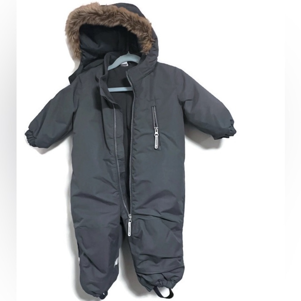 H&M Gray Kids Snowsuit with detachable Fur Hood 6-9 months